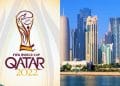 Vemos dos imagenes: una del logo oficial del mundial fifa 2022 y otra de la ciudad de Qatar, que ilustran el poder de la economía de Qatar para organizar un evento deportivo de tal magnitud.