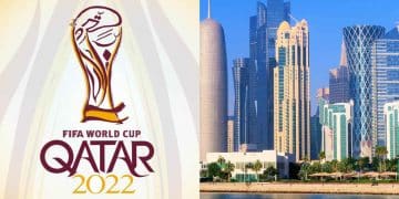Vemos dos imagenes: una del logo oficial del mundial fifa 2022 y otra de la ciudad de Qatar, que ilustran el poder de la economía de Qatar para organizar un evento deportivo de tal magnitud.