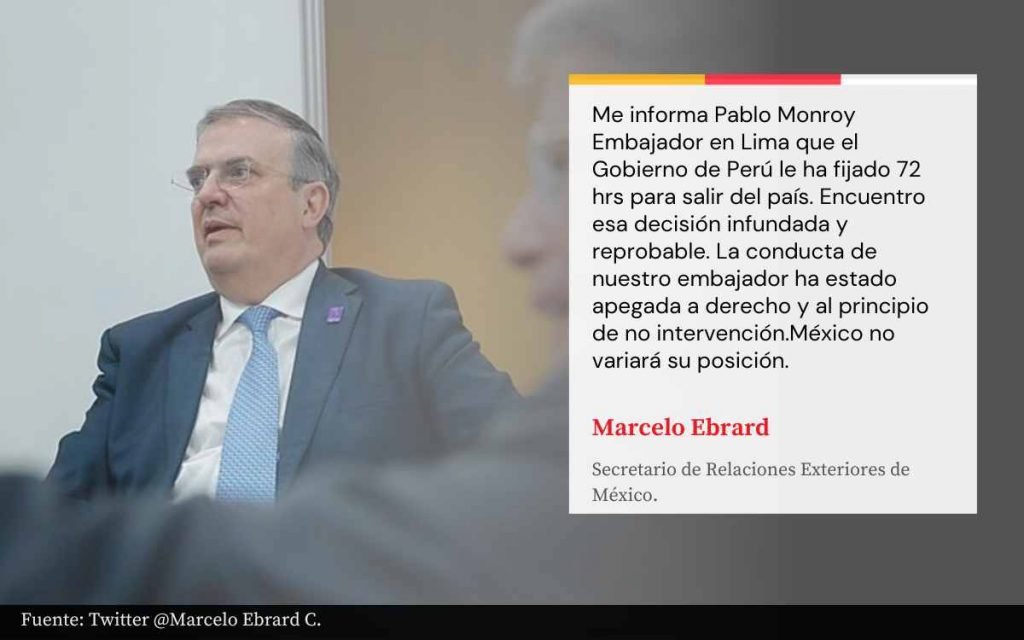 En la imagen se ve la declaración vía twitter de Marcelo Ebrard, sobre la decisión de la cancillería de Perú de expulsar a su embajador, en medio de la crisis diplomática entre ambos países. 