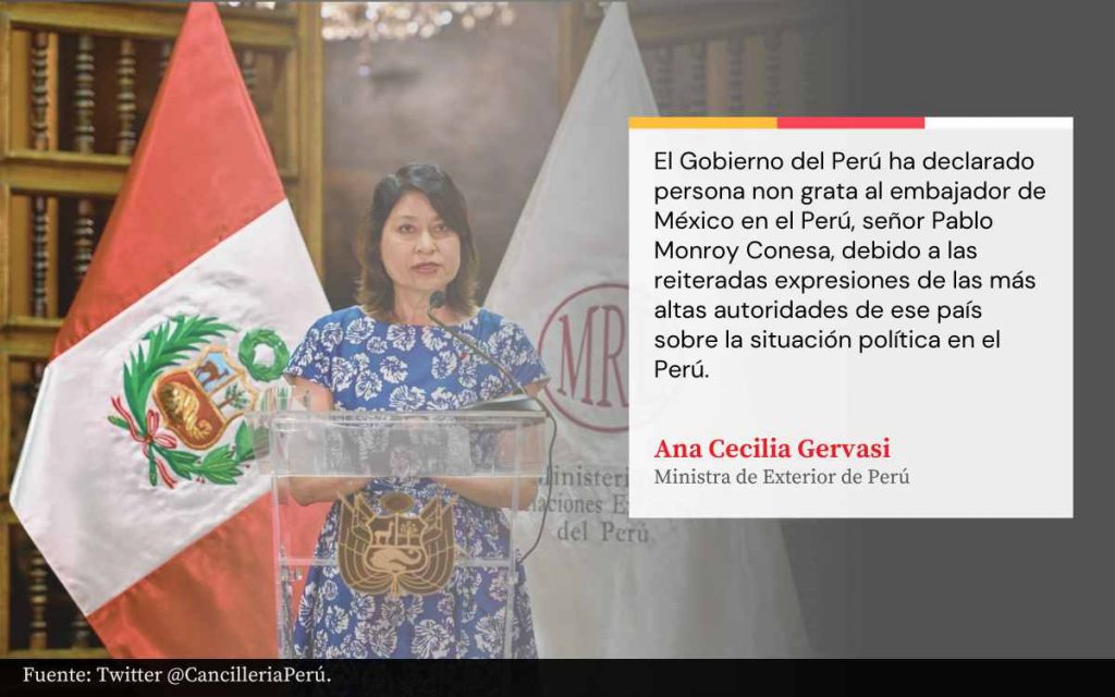 En la imagen se ve a la canciller ana gervasini declarando persona non grata al embajador pablo monroy, en medio de la crisis diplomática entre méxico y perú. 