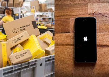 Vemos una la imagen dividida en dos partes: a la izquierda el logo de Apple, y a la derecha las cajas de Mercado Libre