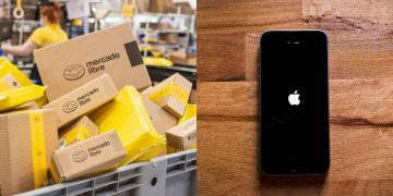 Vemos una la imagen dividida en dos partes: a la izquierda el logo de Apple, y a la derecha las cajas de Mercado Libre