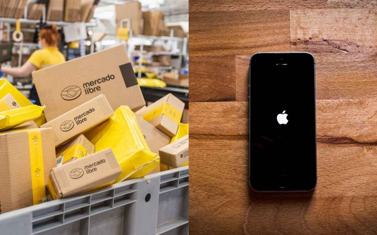 Vemos una la imagen dividida en dos partes: a la izquierda el logo de Apple, y a la derecha las cajas de Mercado Libre