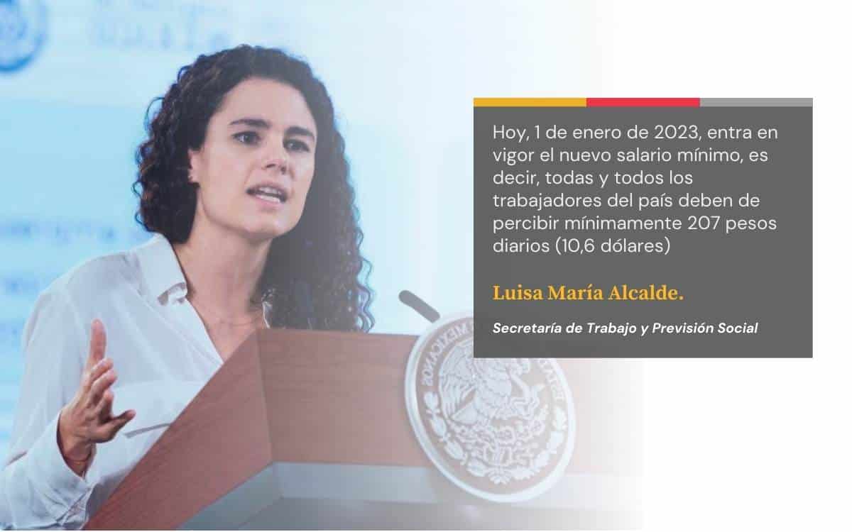 En la imagen se ve la declaración de la presidenta de la secretaria de trabajo y prevision social, Luisa Maria Alcande sobre el aumento del salario minimo en mexico