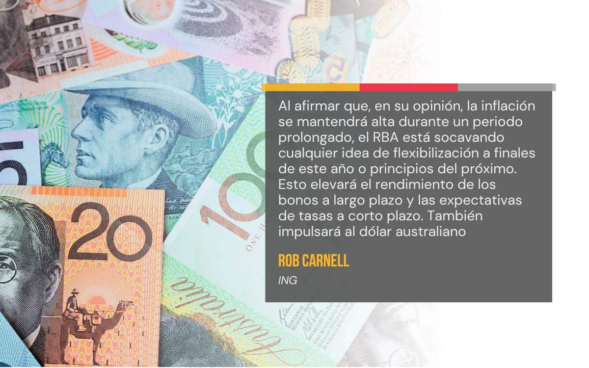 En la imagen se ve una cita de rob carnell sobre la el dolar australiano