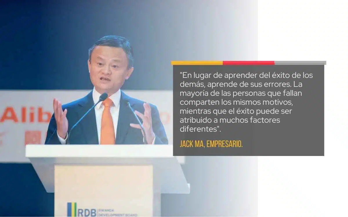 Imagen de Jack Ma, empresario fundador de Alibaba y una cita de su frase de millonario más destacable. 
