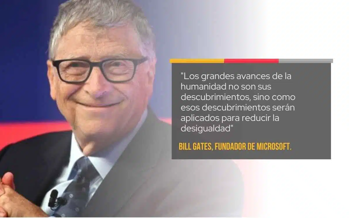 Imagen de Bill Gates y una frase de millonarios que dijo y se destaca por inspirar y motivar a las personas.  