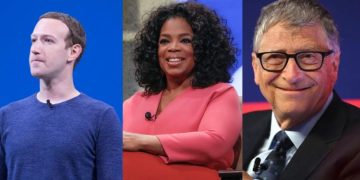 Vemos tres imágenes de millonarios famosos: Mark Zuckerberg (izquierda), Oprah Winfrey (centro) y Bill Gates (derecha), en referencia a las frases de millonarios.