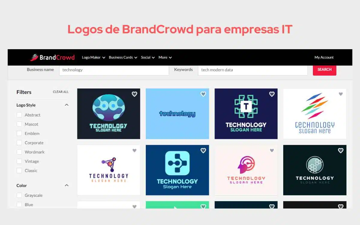 Captura de la plataforma BrandCrowd, donde los emprendedores pueden crear sus logos de tecnología.