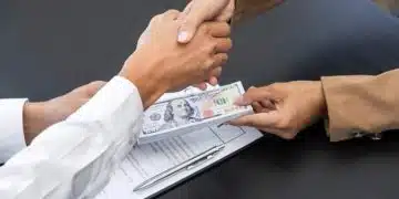 En la imagen se ve la representación de un traspaso de negocio, mientras dos personas se dan la mano e intercambian dinero.