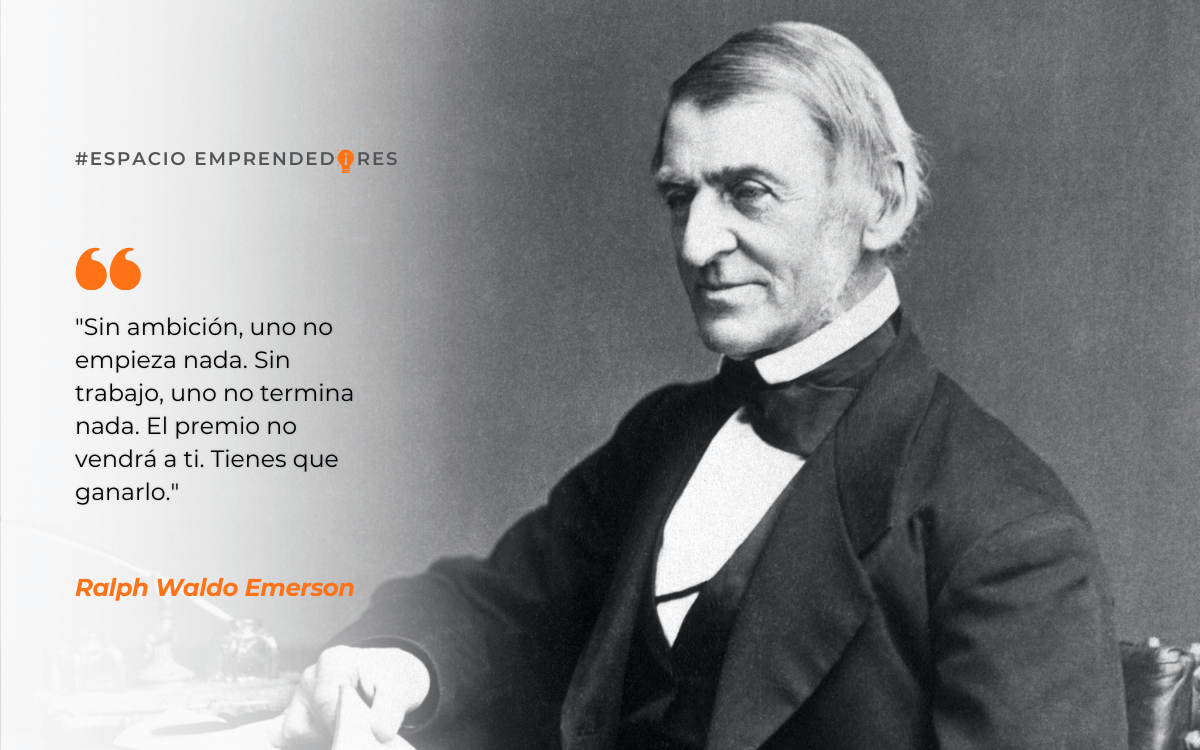 Vemos una imagen del pensador Ralph Waldo Emerson con una de sus frases motivadoras para vendedores.